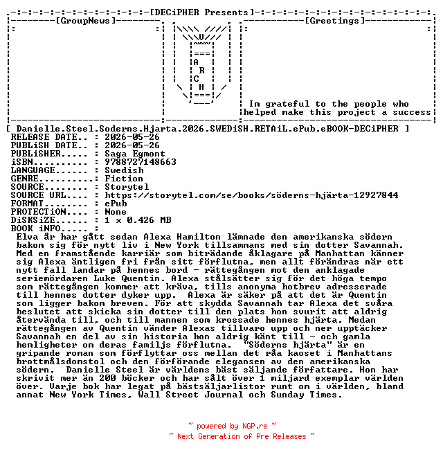 NFO for the release Danielle.Steel.Soderns.Hjarta.2026.SWEDiSH.RETAiL.ePub.eBOOK-DECiPHER by DECiPHER