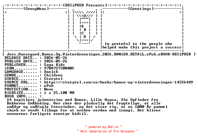 NFO for the release Jens.Hansegard.Bamse.Og.Vinterdronningen.2026.DANiSH.RETAiL.ePub.eBOOK-DECiPHER by DECiPHER