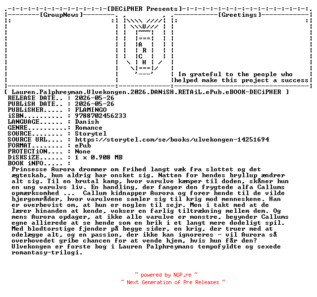 NFO for the release Lauren.Palphreyman.Ulvekongen.2026.DANiSH.RETAiL.ePub.eBOOK-DECiPHER by DECiPHER
