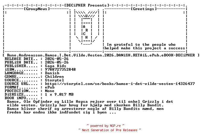 NFO for the release Rune.Andreasson.Bamse.I.Det.Vilde.Vesten.2026.DANiSH.RETAiL.ePub.eBOOK-DECiPHER by DECiPHER