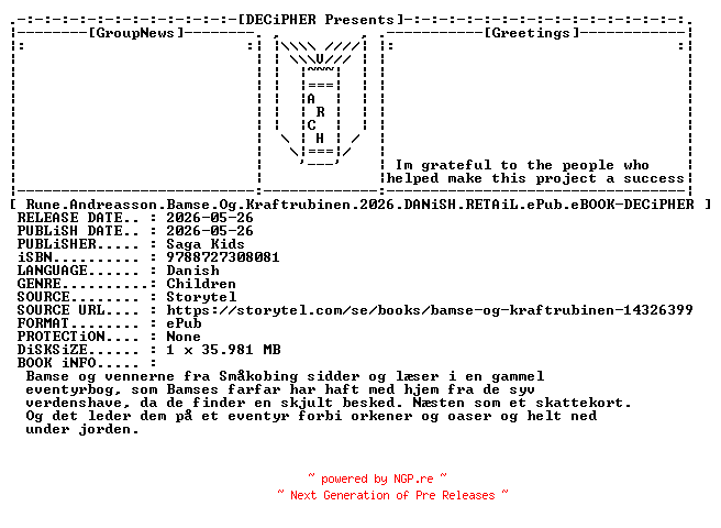 NFO for the release Rune.Andreasson.Bamse.Og.Kraftrubinen.2026.DANiSH.RETAiL.ePub.eBOOK-DECiPHER by DECiPHER