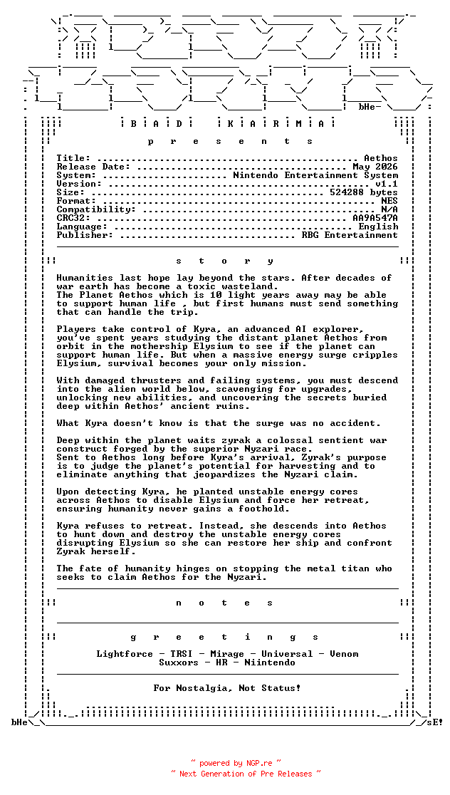 NFO for the release Aethos_v1.1_NES-bADkARMA by bADkARMA