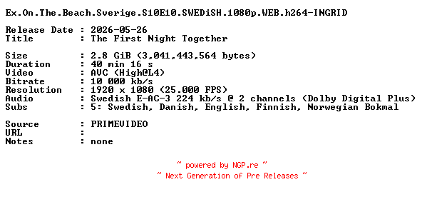 NFO for the release Ex.On.The.Beach.Sverige.S10E10.SWEDiSH.1080p.WEB.h264-INGRID by INGRID