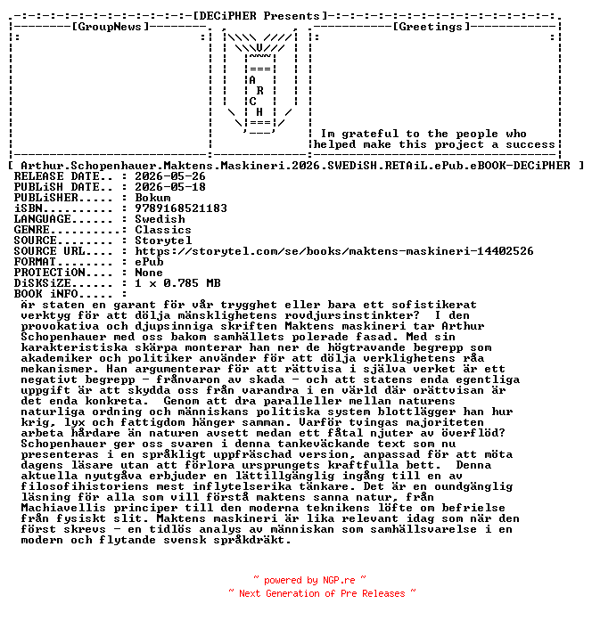 NFO for the release Arthur.Schopenhauer.Maktens.Maskineri.2026.SWEDiSH.RETAiL.ePub.eBOOK-DECiPHER by DECiPHER