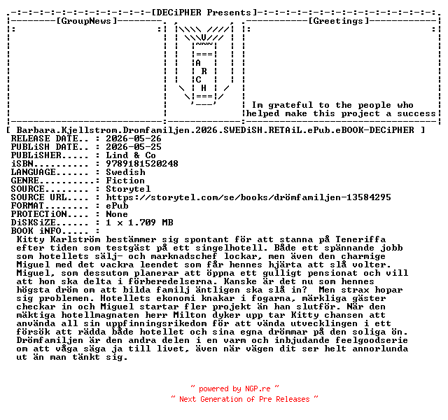 NFO for the release Barbara.Kjellstrom.Dromfamiljen.2026.SWEDiSH.RETAiL.ePub.eBOOK-DECiPHER by DECiPHER