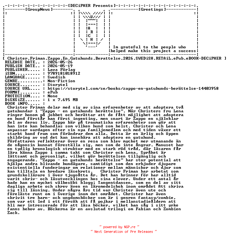 NFO for the release Christer.Friman.Zappo.En.Gatuhunds.Berattelse.2026.SWEDiSH.RETAiL.ePub.eBOOK-DECiPHER by DECiPHER