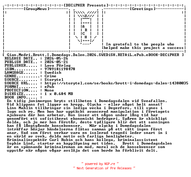 NFO for the release Gian.Medri.Brott.I.Domedags.Dalen.2026.SWEDiSH.RETAiL.ePub.eBOOK-DECiPHER by DECiPHER
