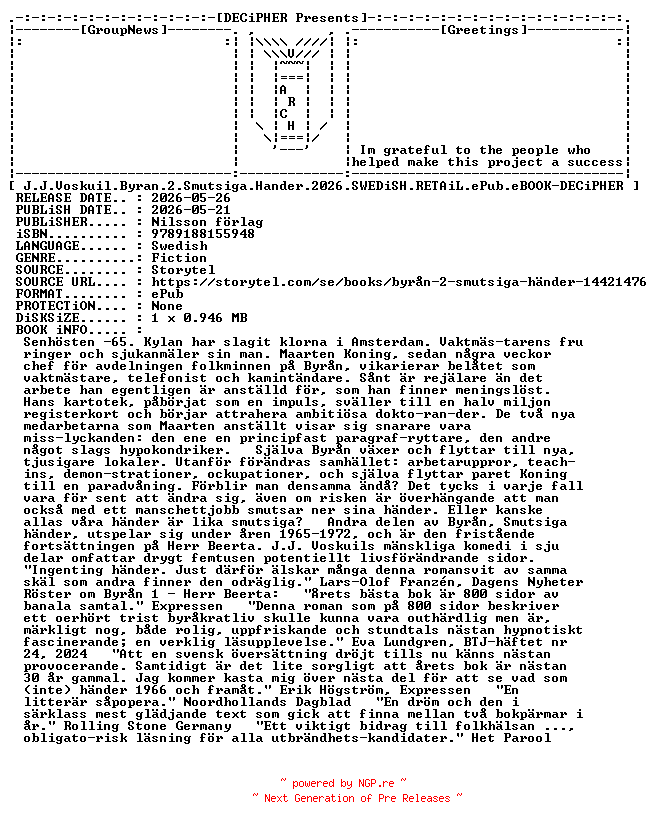 NFO for the release J.J.Voskuil.Byran.2.Smutsiga.Hander.2026.SWEDiSH.RETAiL.ePub.eBOOK-DECiPHER by DECiPHER