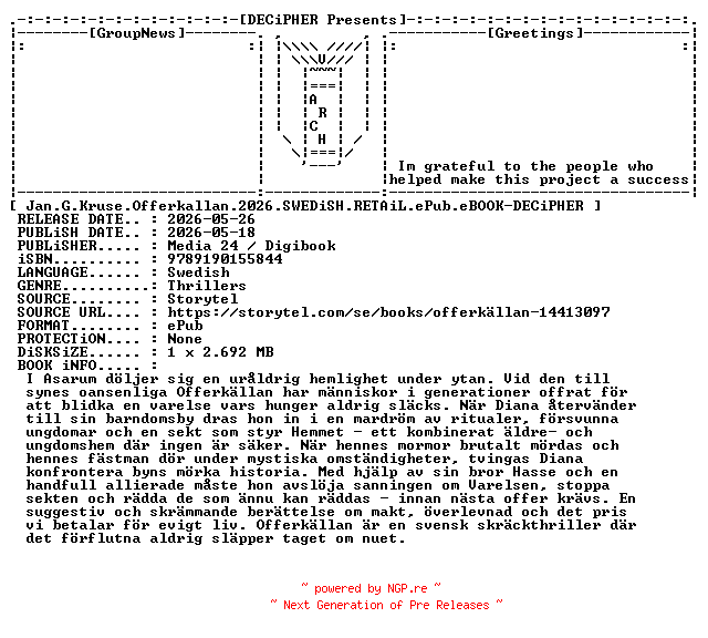 NFO for the release Jan.G.Kruse.Offerkallan.2026.SWEDiSH.RETAiL.ePub.eBOOK-DECiPHER by DECiPHER