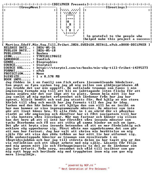 NFO for the release Martina.Edoff.Min.Vag.Till.Frihet.2026.SWEDiSH.RETAiL.ePub.eBOOK-DECiPHER by DECiPHER