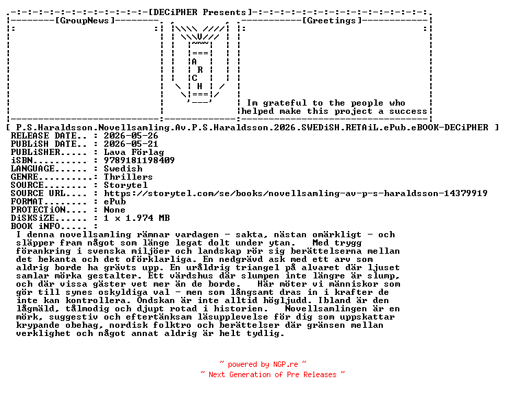 NFO for the release P.S.Haraldsson.Novellsamling.Av.P.S.Haraldsson.2026.SWEDiSH.RETAiL.ePub.eBOOK-DECiPHER by DECiPHER