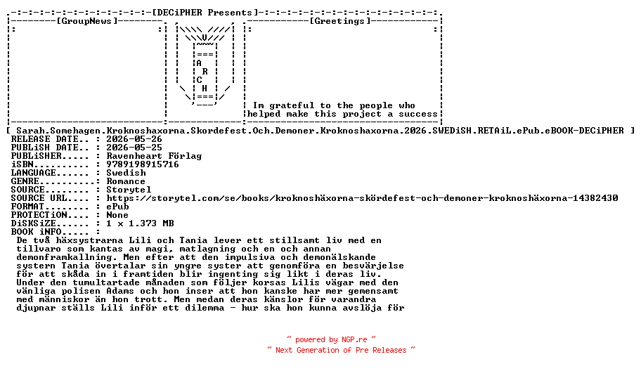 NFO for the release Sarah.Somehagen.Kroknoshaxorna.Skordefest.Och.Demoner.Kroknoshaxorna.2026.SWEDiSH.RETAiL.ePub.eBOOK-DECiPHER by DECiPHER