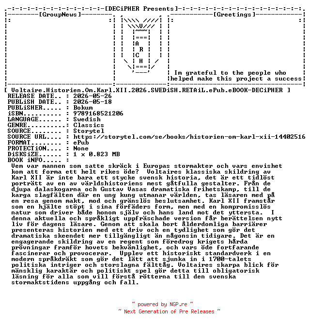 NFO for the release Voltaire.Historien.Om.Karl.XII.2026.SWEDiSH.RETAiL.ePub.eBOOK-DECiPHER by DECiPHER