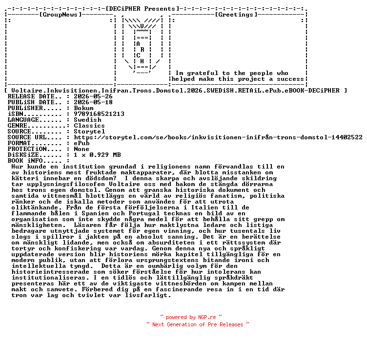NFO for the release Voltaire.Inkvisitionen.Inifran.Trons.Domstol.2026.SWEDiSH.RETAiL.ePub.eBOOK-DECiPHER by DECiPHER
