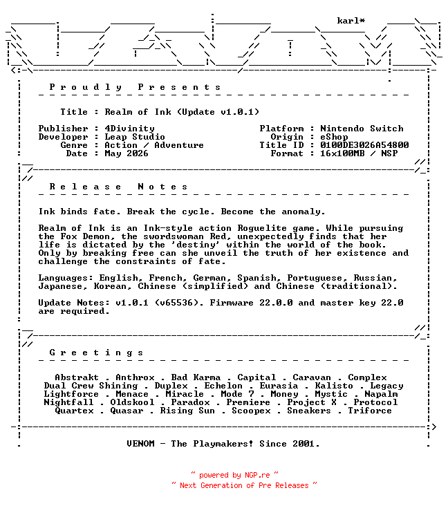 NFO for the release Realm_of_Ink_Update_v1.0.1_NSW-VENOM by VENOM