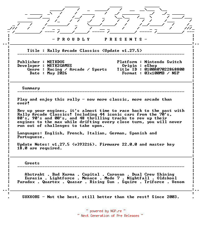 NFO for the release Rally_Arcade_Classics_Update_v1.27.5_NSW-SUXXORS by SUXXORS