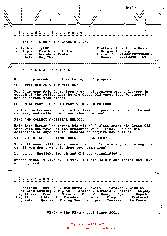 NFO for the release CTHULOOT_Update_v1.1.0_NSW-VENOM by VENOM