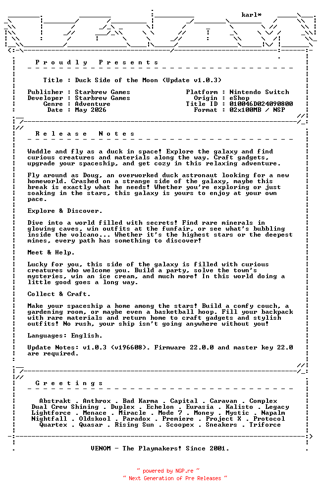 NFO for the release Duck_Side_of_the_Moon_Update_v1.0.3_NSW-VENOM by VENOM