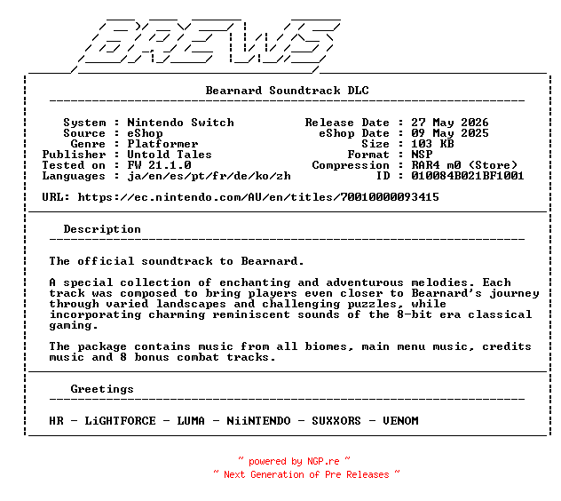 NFO for the release Bearnard_Soundtrack_DLC_NSW-BREWS by BREWS