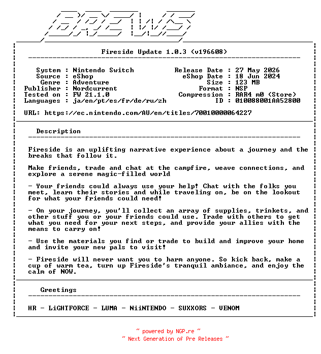 NFO for the release Fireside_Update_v1.0.3_NSW-BREWS by BREWS