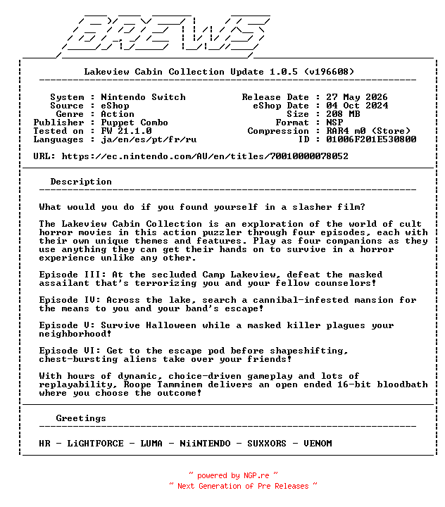 NFO for the release Lakeview_Cabin_Collection_Update_v1.0.5_NSW-BREWS by BREWS