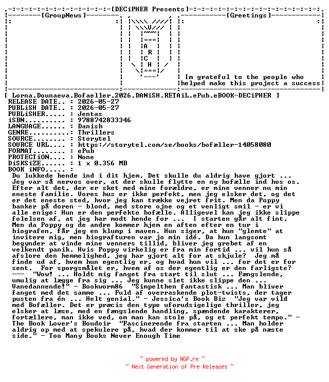 NFO for the release Lorna.Dounaeva.Bofaeller.2026.DANiSH.RETAiL.ePub.eBOOK-DECiPHER by DECiPHER