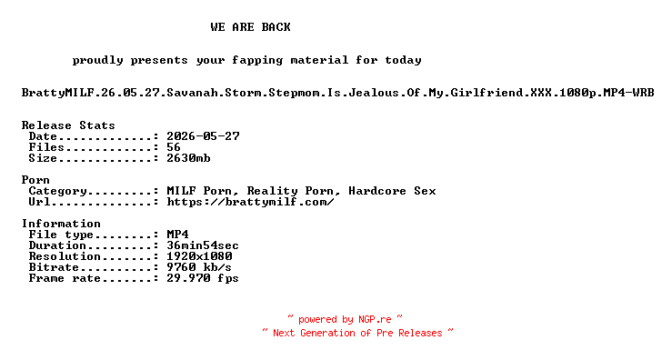 NFO for the release BrattyMILF.26.05.27.Savanah.Storm.Stepmom.Is.Jealous.Of.My.Girlfriend.XXX.1080p.MP4-WRB by WRB