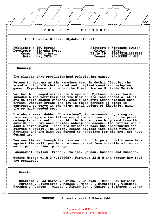 NFO for the release Gothic_Classic_Update_v1.0.3_NSW-SUXXORS by SUXXORS
