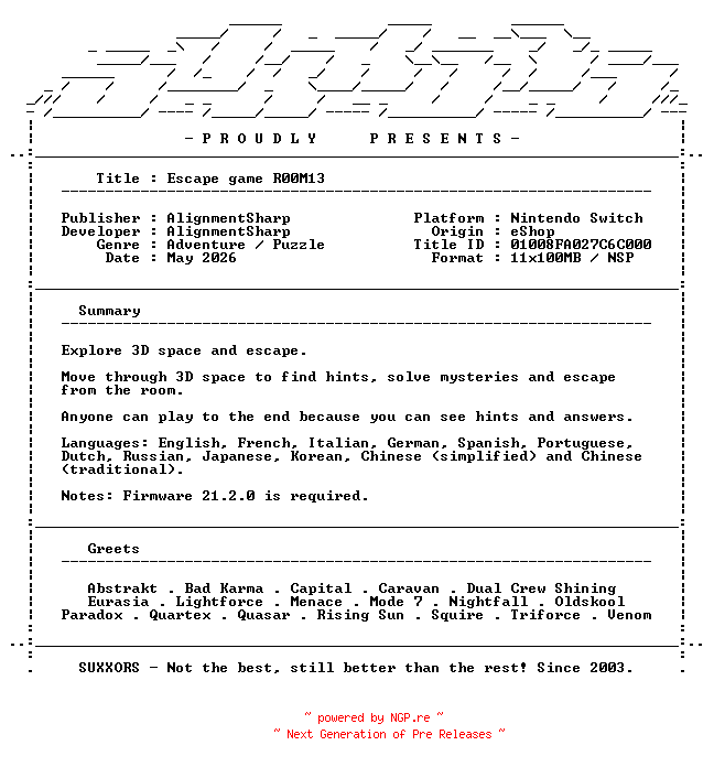 NFO for the release Escape_game_R00M13_NSW-SUXXORS by SUXXORS