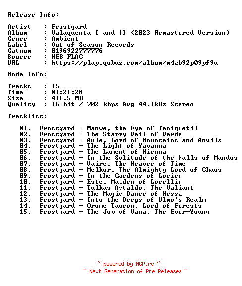 NFO for the release Frostgard-Valaquenta_I_and_II_(2023_Remastered_Version)-REMASTERED-16BIT-44KHZ-WEB-FLAC-2023-CBR by CBR