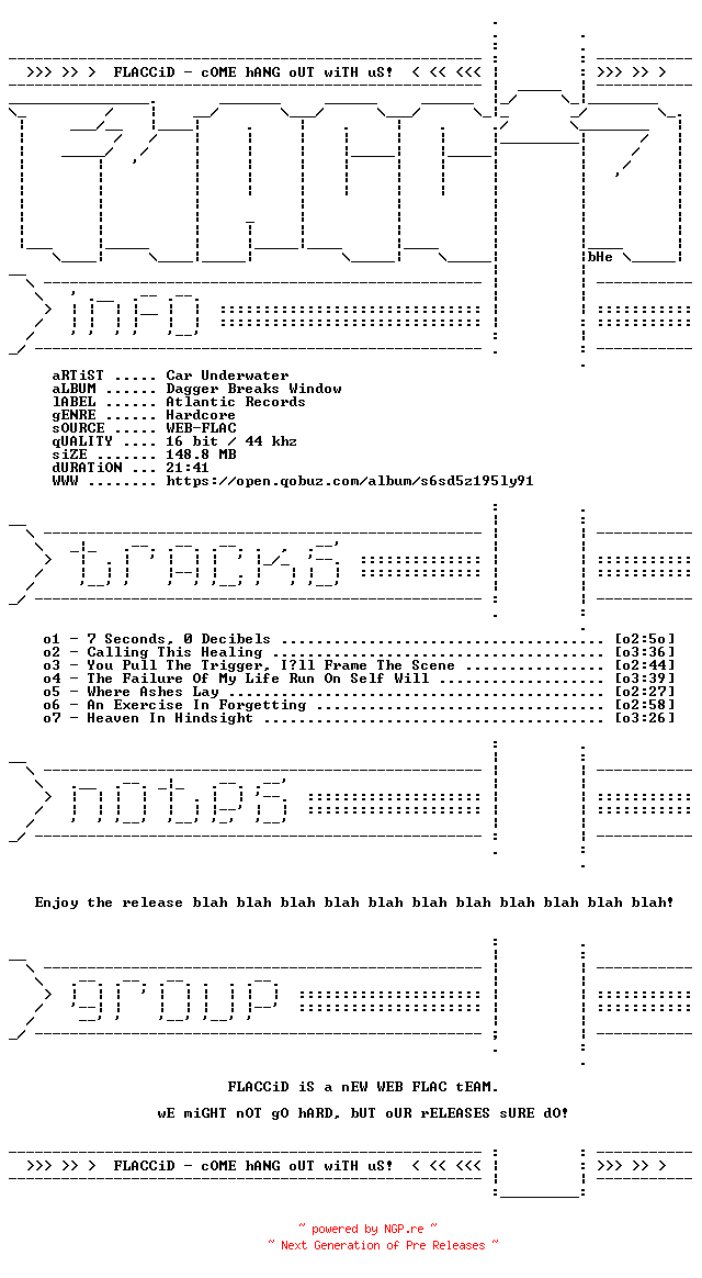 NFO for the release Car_Underwater-Dagger_Breaks_Window-EP-16BIT-WEB-FLAC-2026-FLACCiD by FLACCiD