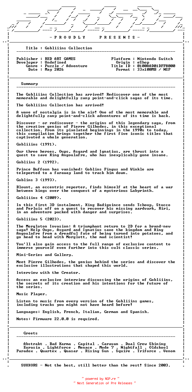 NFO for the release Gobliiins_Collection_NSW-SUXXORS by SUXXORS