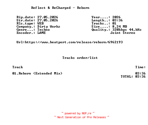 NFO for the release Reflect_And_ReCharged_-_Reborn-(DWX2145)-SINGLE-WEB-2026-FMC by FMC
