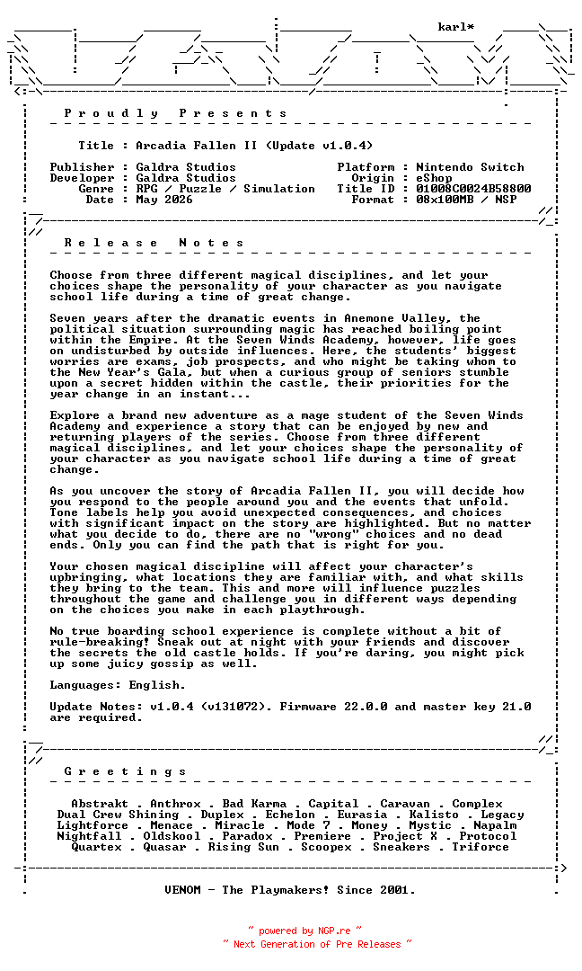 NFO for the release Arcadia_Fallen_II_Update_v1.0.4_NSW-VENOM by VENOM