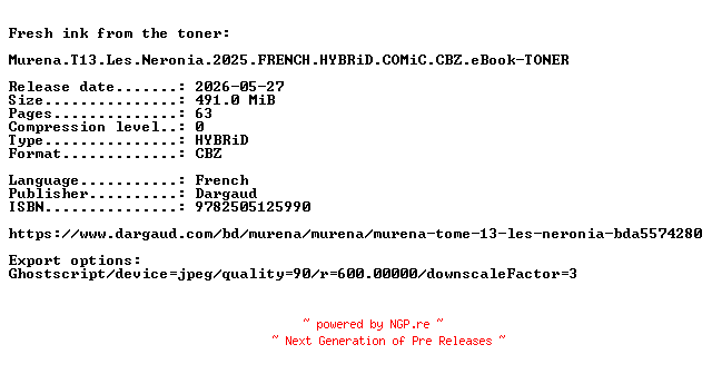 NFO for the release Murena.T13.Les.Neronia.2025.FRENCH.HYBRiD.COMiC.CBZ.eBook-TONER by TONER