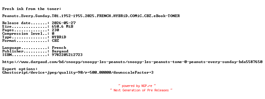 NFO for the release Peanuts.Every.Sunday.T01.1952-1955.2025.FRENCH.HYBRiD.COMiC.CBZ.eBook-TONER by TONER