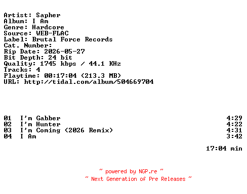 NFO for the release Sapher-I_Am-EP-24BIT-WEB-FLAC-2026-HFC by HFC