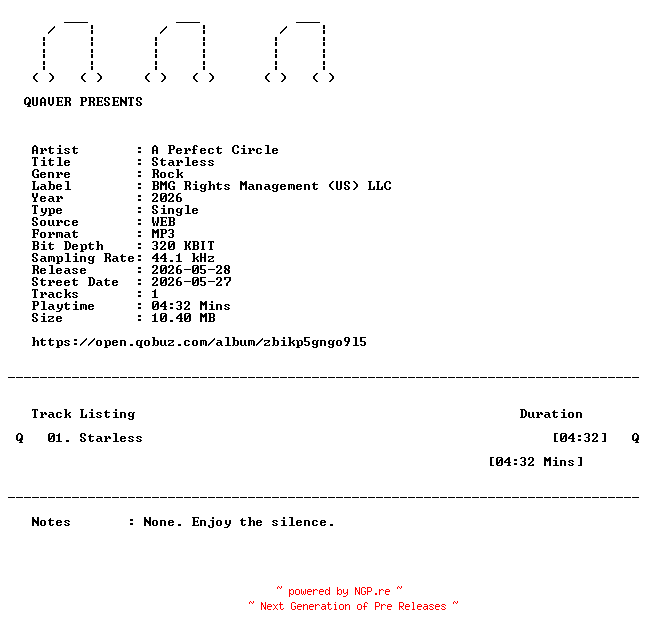 NFO for the release A_Perfect_Circle-Starless-SINGLE-WEB-2026-QUAVER by QUAVER