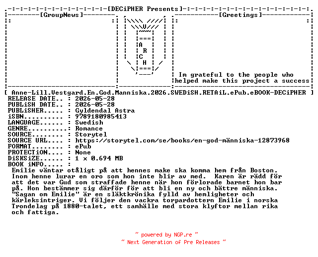 NFO for the release Anne.Lill.Vestgard.En.God.Manniska.2026.SWEDiSH.RETAiL.ePub.eBOOK-DECiPHER by DECiPHER