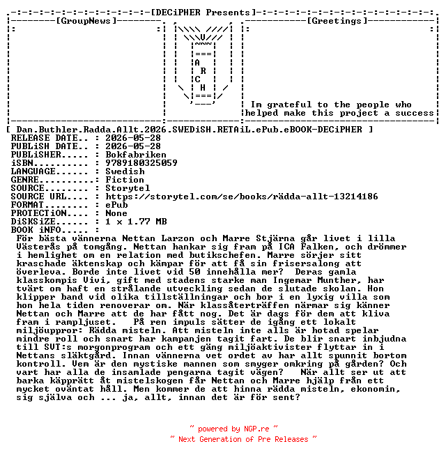 NFO for the release Dan.Buthler.Radda.Allt.2026.SWEDiSH.RETAiL.ePub.eBOOK-DECiPHER by DECiPHER