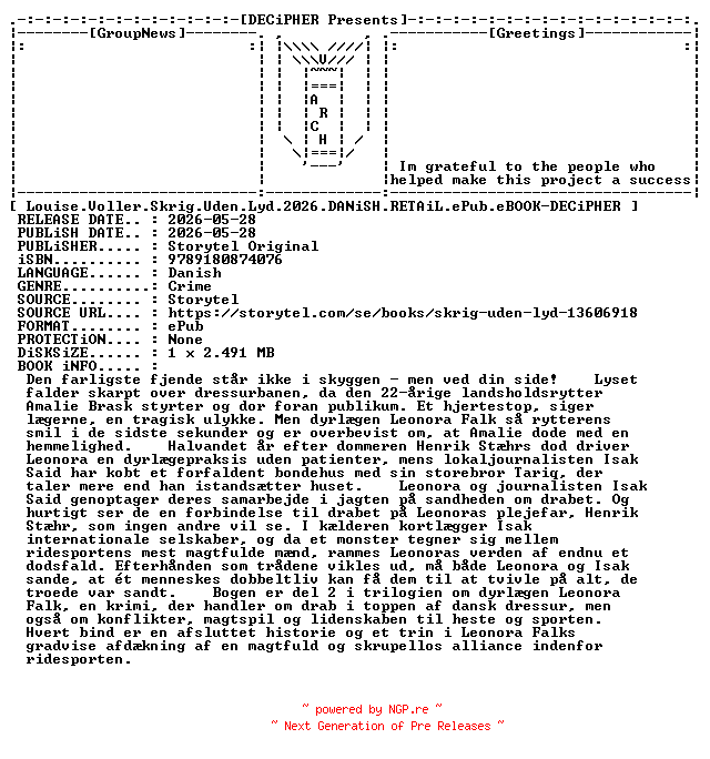 NFO for the release Louise.Voller.Skrig.Uden.Lyd.2026.DANiSH.RETAiL.ePub.eBOOK-DECiPHER by DECiPHER