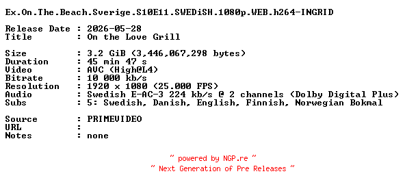 NFO for the release Ex.On.The.Beach.Sverige.S10E11.SWEDiSH.1080p.WEB.h264-INGRID by INGRID