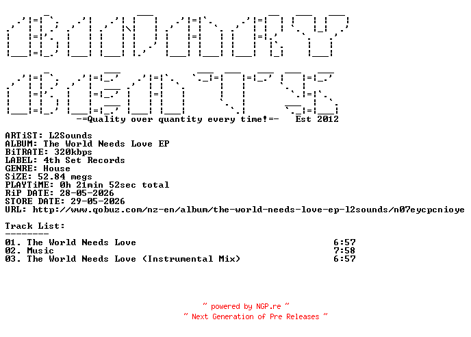 NFO for the release L2Sounds-The_World_Needs_Love_EP-(4THSR325)-WEB-2026-BB by BB