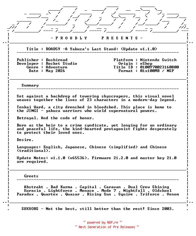 NFO for the release ROAD59_A_Yakuzas_Last_Stand_Update_v1.1.0_NSW-SUXXORS by SUXXORS