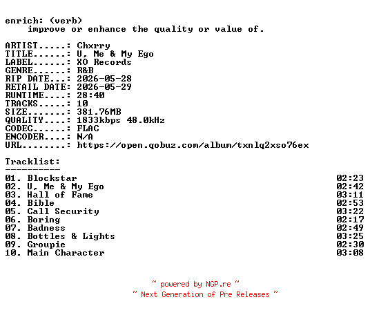 NFO for the release Chxrry-U_Me_and_My_Ego-24BIT-WEB-FLAC-2026-ENRiCH by ENRiCH
