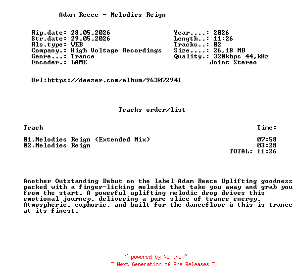 NFO for the release Adam_Reece_-_Melodies_Reign-(HVR235)-WEB-2026-FMC by FMC
