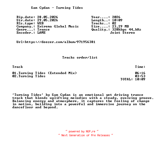 NFO for the release Sam_Cydan_-_Turning_Tides-(EGMSIN508)-WEB-2026-FMC by FMC