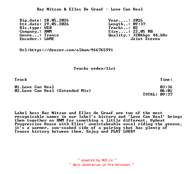 NFO for the release Raz_Nitzan_And_Elles_De_Graaf_-_Love_Can_Heal-(RNMR404)-WEB-2026-FMC by FMC