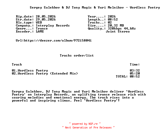 NFO for the release Sergey_Salekhov_And_DJ_Tony_Magic_And_Yuri_Melnikov_-_Wordless_Poetry-(ITP513)-WEB-2026-FMC by FMC