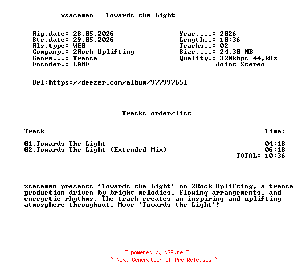 NFO for the release Xsacaman_-_Towards_The_Light-(2RU100)-WEB-2026-FMC by FMC